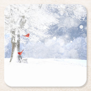 Rode kardinaal met kerstsnowy bomen kartonnen onderzetters