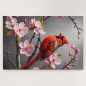 Rode Kardinaal met Roze Bloesems Vogel Legpuzzel (Horizontaal)