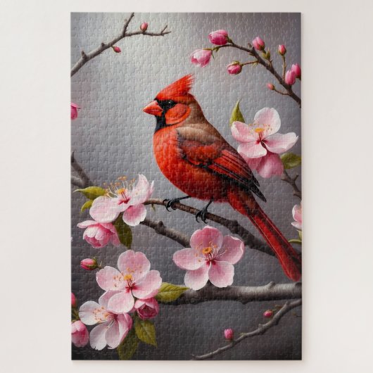 Rode Kardinaal met Roze Bloesems Vogel Legpuzzel (Verticaal)