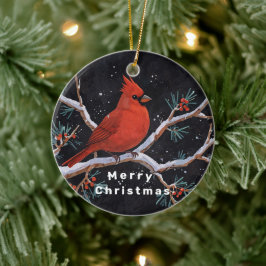 Rode kardinaal met winterrode bessen keramisch ornament