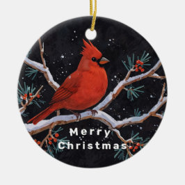 Rode kardinaal met winterrode bessen keramisch ornament