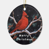 Rode kardinaal met winterrode bessen keramisch ornament (Links)