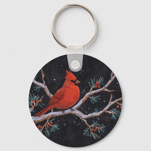Rode kardinaal met winterrode bessen sleutelhanger (Voorkant)