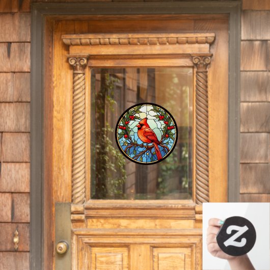 Rode kardinaal neergestreken in een boom faux Glas Raamsticker (Huis Deur)