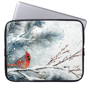 Rode Kardinaal op Besneeuwde Dennentak Laptop Sleeve