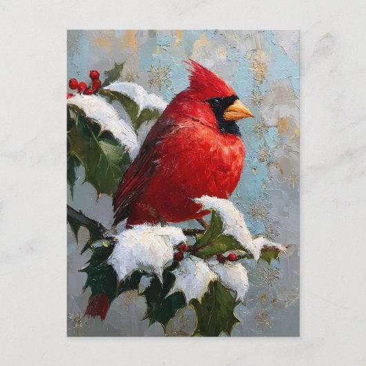 Rode Kardinaal op Besneeuwde Hulst Briefkaart (Voorkant)