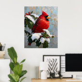 Rode Kardinaal op Besneeuwde Hulst Poster (Thuiskantoor)