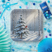 Rode kardinaal op besneeuwde pijnboom papieren bordje (Feest)