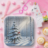 Rode kardinaal op besneeuwde pijnboom papieren bordje (Feest)