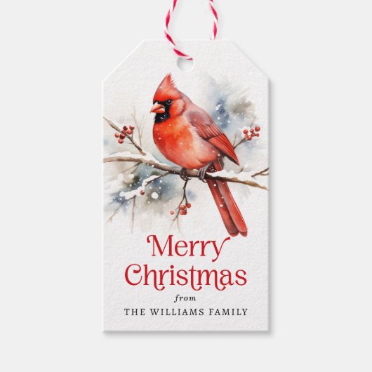Rode kardinaal op de waterverf van de wintertak cadeaulabel (Voorkant)
