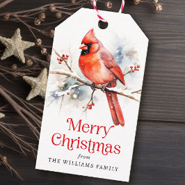 Rode kardinaal op de waterverf van de wintertak cadeaulabel