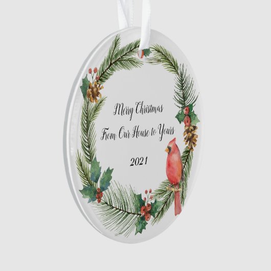 Rode kardinaal op een kerstmis - waterverven O Ornament (voorkant)