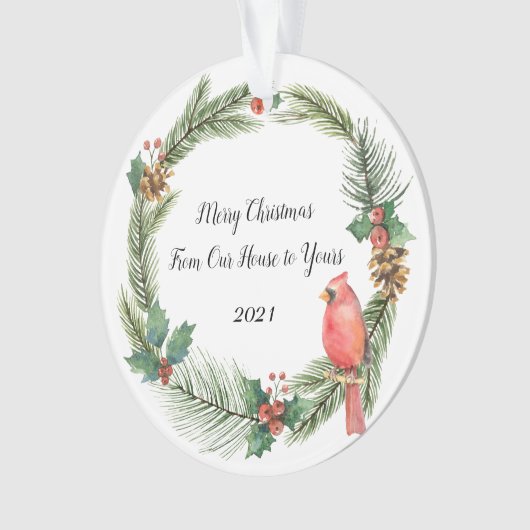 Rode kardinaal op een kerstmis - waterverven O Ornament (voorkant)