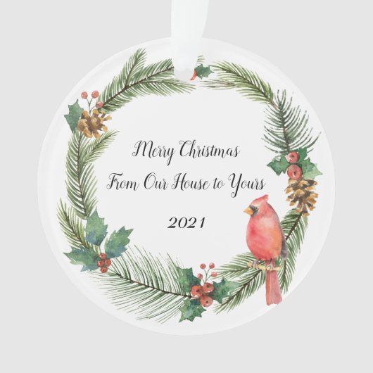 Rode kardinaal op een kerstmis - waterverven O Ornament (voorkant)