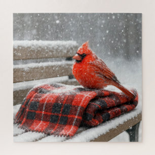 Rode Kardinaal op een Sneeuwige Plaid Deken Legpuzzel