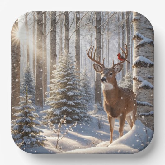 rode kardinaal op gewei van een hert papieren bordje (Voorkant)