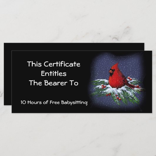 Rode kardinaal op Snowy Branch: Cadeaucertificaat (Voorkant / Achterkant)