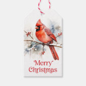 Rode kardinaal op wintertak waterverf van cadeaulabel (Voorkant)