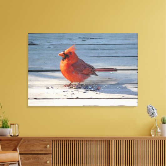 Rode kardinaal op Wooden Bridge Canvas Afdruk (Insitu (Woonkamer))