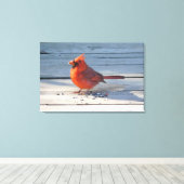 Rode kardinaal op Wooden Bridge Canvas Afdruk (Insitu (Houten vloer))
