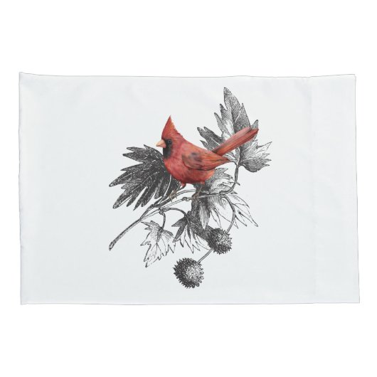 Rode kardinaal op zwarte & witte vertakking kussensloop (Achterkant-Rechts)