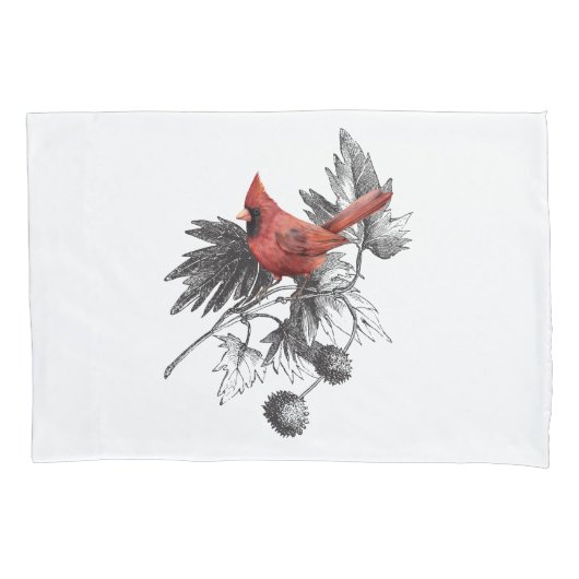 Rode kardinaal op zwarte & witte vertakking kussensloop (Voorkant-Links)
