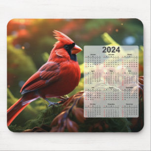 Rode Kardinaal Perched op Boomtak 2024 Kalender Muismat
