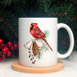 Rode kardinaal, pijnbomen, tak, lintkerst koffiemok