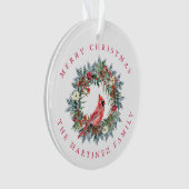 Rode Kardinaal Pijnenkrans Vrolijk Kerstfeest Ornament (voorkant)
