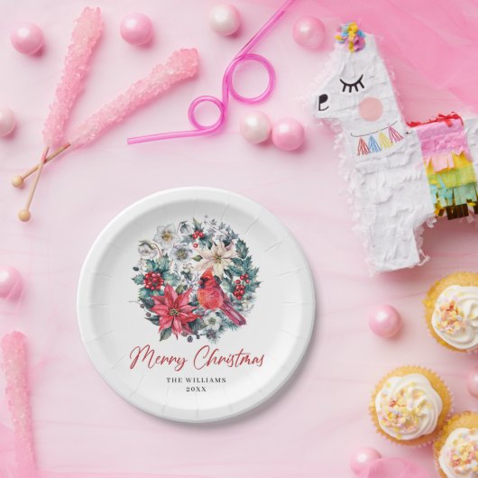 Rode Kardinaal Poinsettia Holly Berry Pine Vakanti Papieren Bordje (Feest)