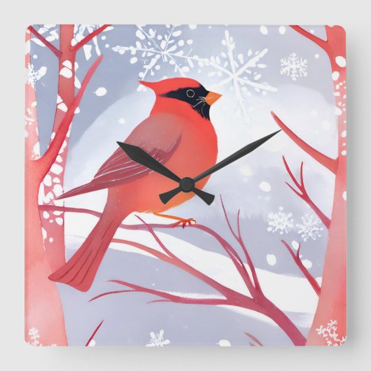 rode kardinaal | Prachtig Waterverf schilderij Vierkante Klok (Voorkant)