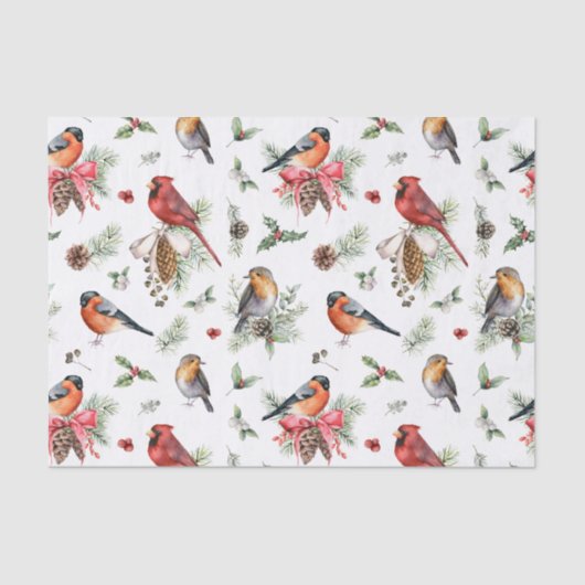 Rode kardinaal Robin Pinecones Waterverf Kerst Tissuepapier (Voorkant)