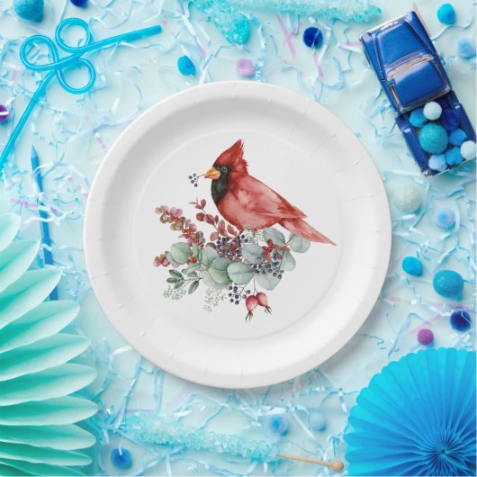 Rode kardinaal, rode bessen, Eucalyptuskerst Papieren Bordje (Feest)