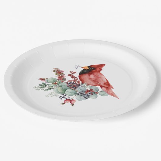 Rode kardinaal, rode bessen, Eucalyptuskerst Papieren Bordje (Gekanteld)