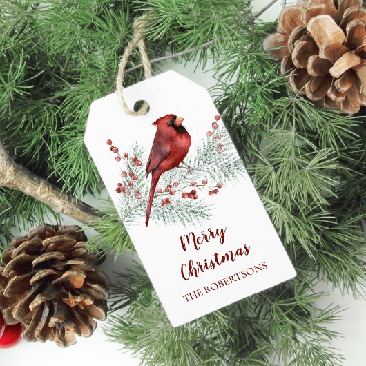 Rode kardinaal Snowy Pine Branch Kerstmis Cadeaulabel