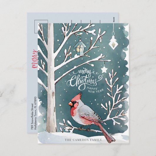 Rode Kardinaal Snowy Winter Landschap Kerstmis Feestdagenkaart (Voorkant / Achterkant)
