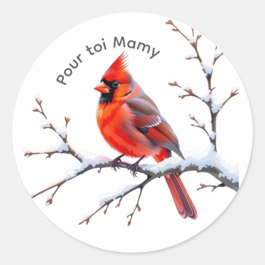 Rode kardinaal sticker op besneeuwde tak (Voorkant)