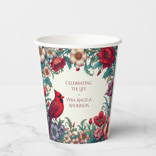 Rode Kardinaal Viering van het Leven Begrafenismon Papieren Bekers (Achterkant)