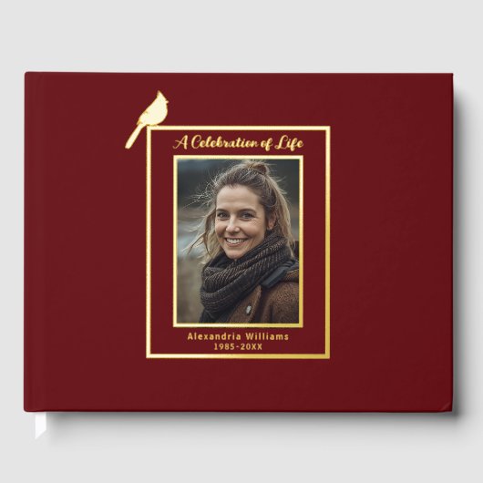 Rode Kardinaal Vogel Echte Folie Begrafenis Gastbo Gastenboek (Voorkant)