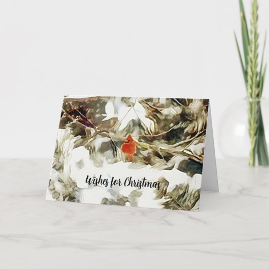 Rode Kardinaal Vogel in Sneeuw takken Kunst Kerst Kaart (Voorkant)