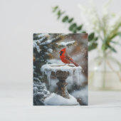 Rode Kardinaal Vogel op een Frozen Birdbath Art Briefkaart (Staand voorkant)