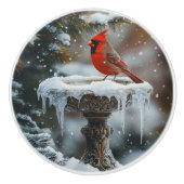 Rode Kardinaal Vogel op een Frozen Birdbath Art Keramische Knop (Voorkant)
