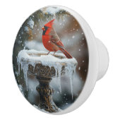 Rode Kardinaal Vogel op een Frozen Birdbath Art Keramische Knop (Rechts)