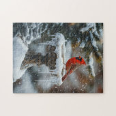 Rode Kardinaal Vogel op een Frozen Birdbath Art Legpuzzel (Horizontaal)