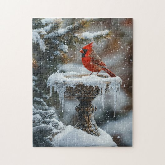 Rode Kardinaal Vogel op een Frozen Birdbath Art Legpuzzel (Verticaal)
