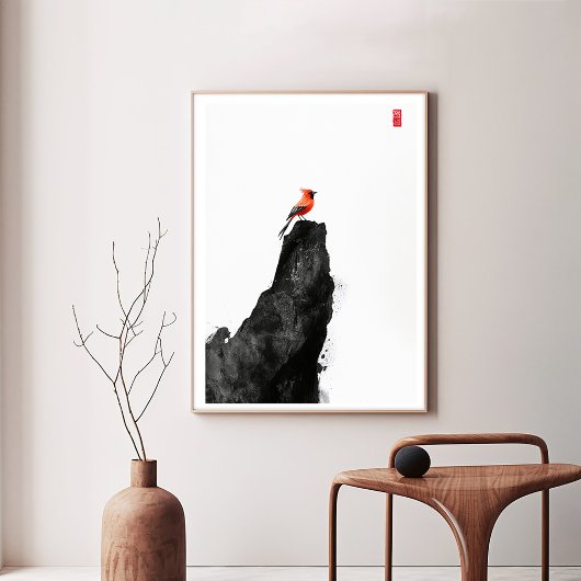Rode Kardinaal Vogel op Ink Wash Rock - Zen Art Ca Canvas Afdruk