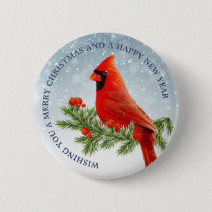 Rode Kardinaal Vogel Vrolijk Kerstknopje Ronde Button 5,7 Cm