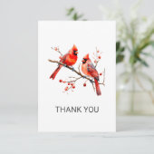 Rode Kardinaal Vogels op Holly Tree Branch Bedankkaart (Staand voorkant)