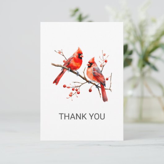 Rode Kardinaal Vogels op Holly Tree Branch Bedankkaart (Staand voorkant)