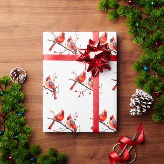 Rode Kardinaal Vogels op Holly Tree Branch Cadeaupapier (Feestdagen Geschenken)